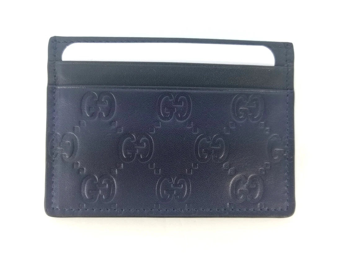New Authentic Gucci Guccissima Dark Blue Black Leather Card Case Card Holder