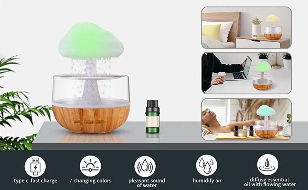Rain Cloud Humidifier with Colorful Mushroom Lamp – USB Aromatherapy Essential Oil Diffuser & Night Light for Home Bedroom