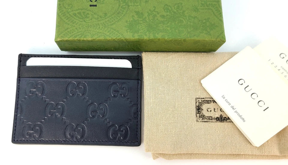 New Authentic Gucci Guccissima Dark Blue Black Leather Card Case Card Holder