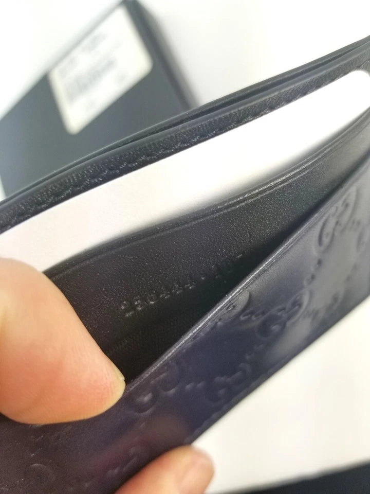 New Authentic Gucci Guccissima Dark Blue Black Leather Card Case Card Holder