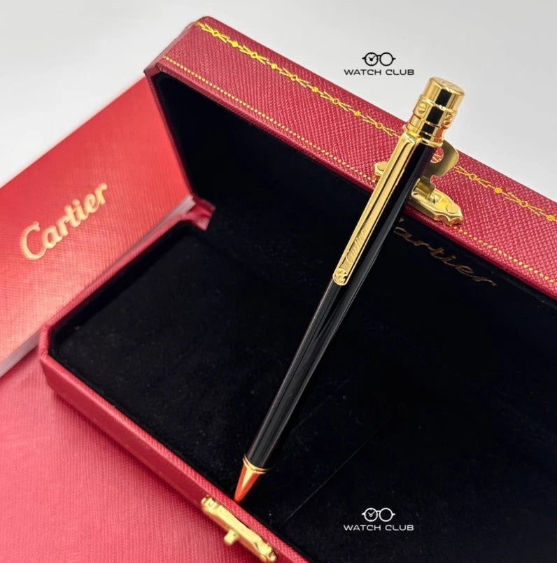 Luxury Santos De Cartier Black Gold Trim Ballpoint Pen - Full Box New Rare