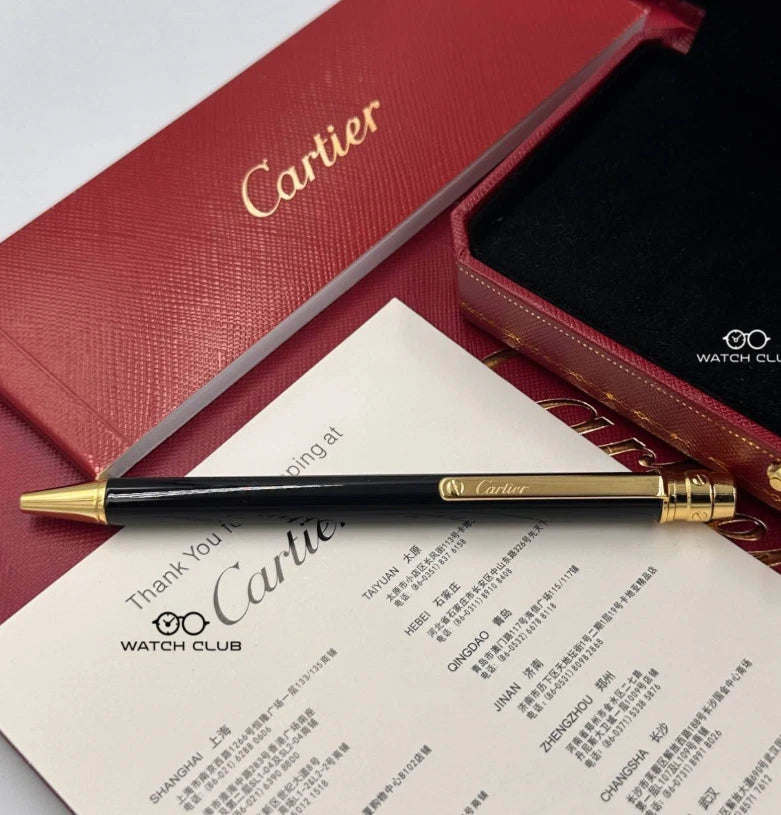 Luxury Santos De Cartier Black Gold Trim Ballpoint Pen - Full Box New Rare