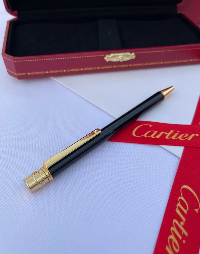 Luxury Santos De Cartier Black Gold Trim Ballpoint Pen - Full Box New Rare