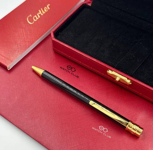 Luxury Santos De Cartier Black Gold Trim Ballpoint Pen - Full Box New Rare